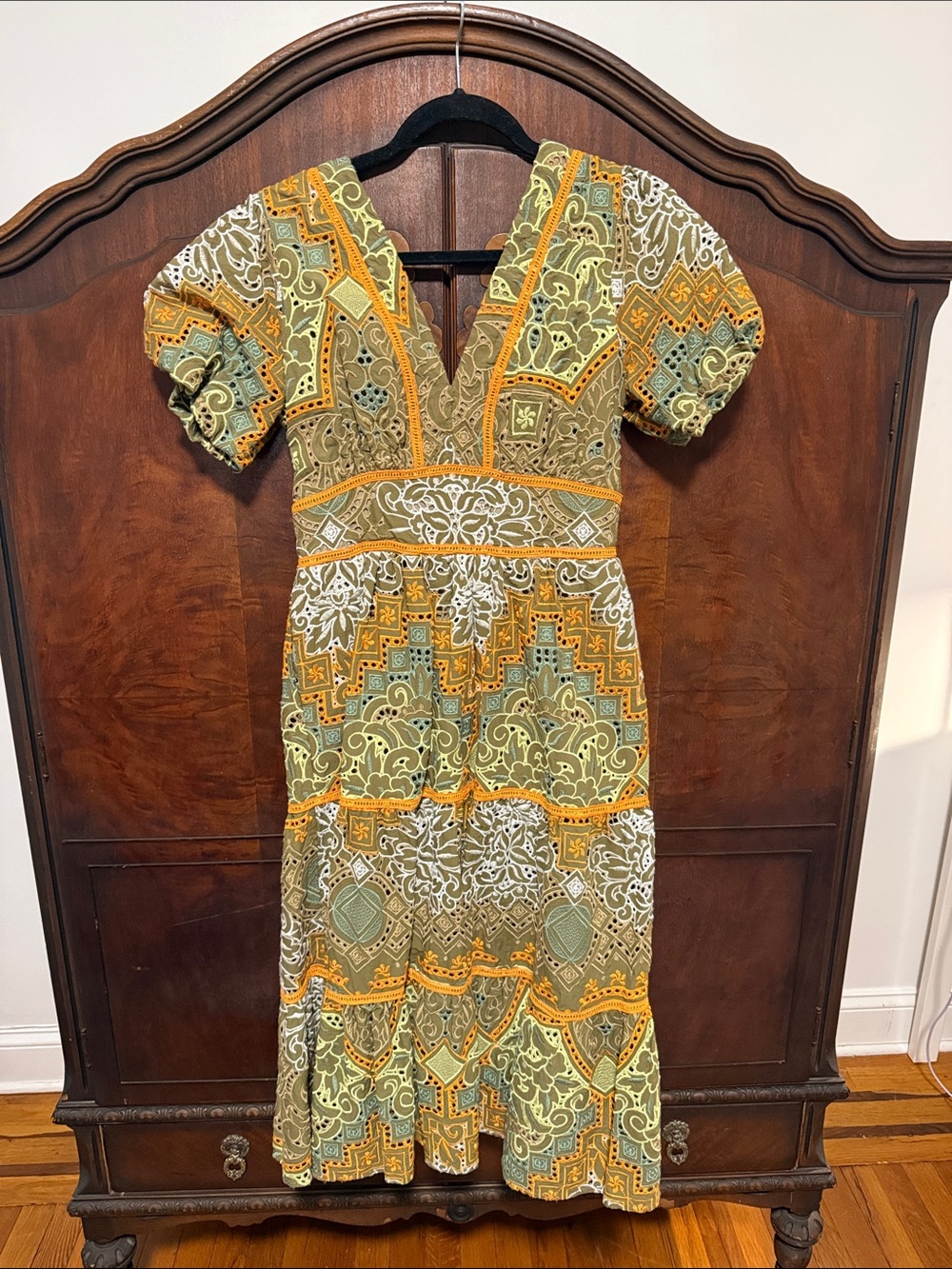 Olive Green & Mustard Patterned Midi Dress with V-Neck